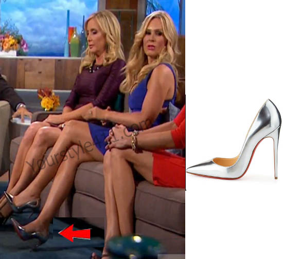 Real Housewives of Orange County, RHOC, Tamra Judge, #RHOC, #RealHousewivesOrangeCounty, Season 10, Reunion, silver heels, silver pumps, Christian Louboutin, worn on tv, tv fashion, clothes from tv shows, Real Housewives of Orange County outfits, bravo, reality tv clothes