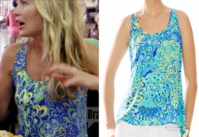 Southern Charm, Cameran Eubanks, Cameron, tank top, blue tank top, lilly pultizer, lily, worn on tv, tv fashion, clothes from tv shows, Southern Charm outfits, bravo, reality tv, season 3
