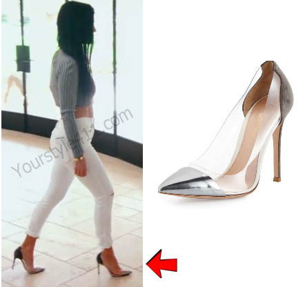 Keeping up with the Kardashians, Kourtney Kardashian, silver and clear heels, pumps, Season 12, worn on tv, tv fashion, clothes from tv shows, Keeping Up With the Kardashians outfits, Keeping Up With the Kardashians fashion, eonline, reality tv, KUWTK