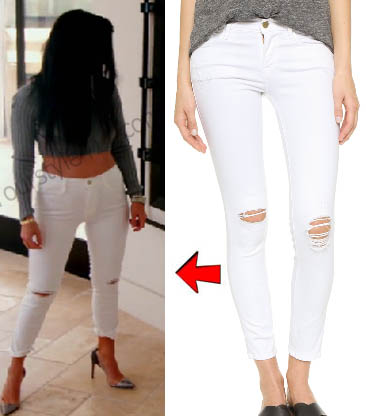 Keeping up with the Kardashians, Kourtney Kardashian, white jeans, white distressed jeans, white cut out jeans, white distressed cut out jeans, Season 12, worn on tv, tv fashion, clothes from tv shows, Keeping Up With the Kardashians outfits, Keeping Up With the Kardashians fashion, eonline, reality tv, KUWTK