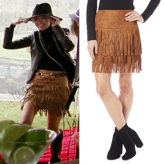 Southern Charm, Cameran Eubanks, Cameron, suede skirt, fringe skirt, brown skirt, #southerncharm, #scharm, worn on tv, tv fashion, clothes from tv shows, Southern Charm outfits, bravo, reality tv, season 3