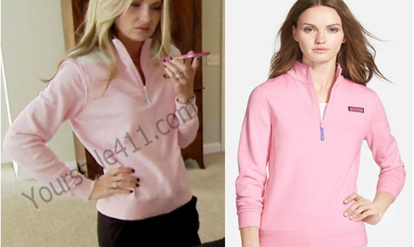 Southern Charm, Cameran Eubanks, Cameron, pink sweatshirt, pink pullover, pink fleece, #southerncharm, #scharm, worn on tv, tv fashion, clothes from tv shows, Southern Charm outfits, bravo, reality tv, season 3