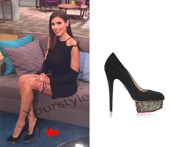 Real Housewives of Orange County, RHOC, Heather Dubrow, #RHOC, #RealHousewivesOrangeCounty, Season 10, Reunion, black heels, black pumps, worn on tv, tv fashion, clothes from tv shows, Real Housewives of Orange County outfits, bravo, reality tv clothes
