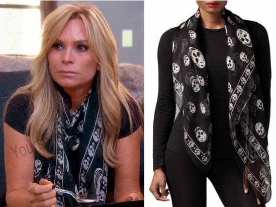 Real Housewives of Orange County, RHOC, Tamra Judge, #RHOC, #RealHousewivesOrangeCounty, Season 11, skull black scarf, worn on tv, tv fashion, clothes from tv shows, Real Housewives of Orange County outfits, bravo, reality tv clothes