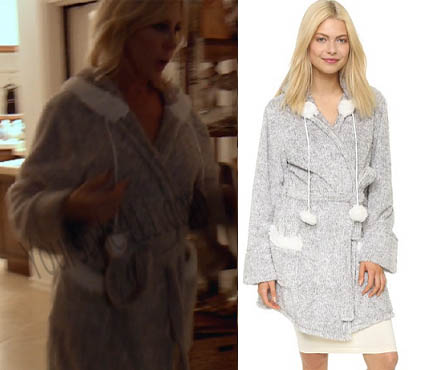 Real Housewives of Orange County, RHOC, Vicki Gunvalson, grey robe, grey pom pom robe, short robe, #RHOC, #RealHousewivesOrangeCounty, Season 11, worn on tv, tv fashion, clothes from tv shows, Real Housewives of Orange County outfits, bravo, reality tv clothes