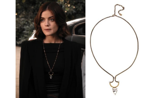 Pretty Little Liars, worn on tv, tv fashion, clothes from tv shows, #prettylittleliars, Pretty Little Liars outfits, Pretty Little Liars fashion, ABC, Freeform, Aria Montgomery, Lucy Hale, necklace, koti necklace, lionette