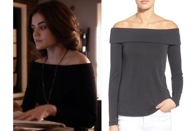 Pretty Little Liars, worn on tv, tv fashion, clothes from tv shows, #prettylittleliars, Pretty Little Liars outfits, Pretty Little Liars fashion, ABC, Freeform, Aria Montgomery, Lucy Hale, black off the shoulder top, black shoulderless top, black sleeveless top