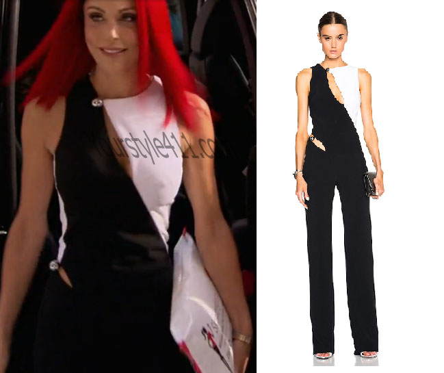 Real Housewives of New York, RHNY, Bethenny Frankel, Bethany, #RHNY, #RealHousewivesNewYork, worn on tv, tv fashion, clothes from tv shows, Real Housewives of New York outfits, Real Housewives of New York fashion, bravo, reality tv clothes, jumpsuit, black and white jumpsuit, Mugler, two-tone jumpsuit