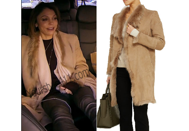 Real Housewives of New York, RHNY, Bethenny Frankel, Bethany, camel coat, shearling coat, fur coat, #RHNY, #RealHousewivesNewYork, worn on tv, tv fashion, clothes from tv shows, Real Housewives of New York outfits, bravo, reality tv clothes