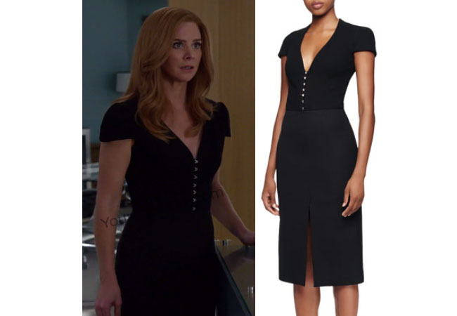 Suits, #suits, Donna Paulsen, black dress, alexander mcqueen dress, Cap sleeve v-neck dress, worn on tv, tv fashion, clothes from tv shows, Suits outfits, usa network, Suits fashion, Suits tv clothes