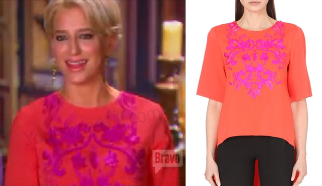 Real Housewives of New York, RHNY, Dorinda Medley, Orange Top, Coral Top, Orange and Pink Top, Oscar De La Renta, #RHNY, #RealHousewivesNewYork, worn on tv, tv fashion, clothes from tv shows, Real Housewives of New York outfits, Real Housewives of New York fashion, bravo, reality tv clothes
