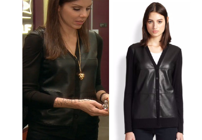 Real Housewives of Orange County, RHOC, Heather Dubrow, black top, leather top, black leather cardigan, bailey 44, #RHOC, #RealHousewivesOrangeCounty, worn on tv, tv fashion, clothes from tv shows, Real Housewives of Orange County outfits, bravo, reality tv clothes