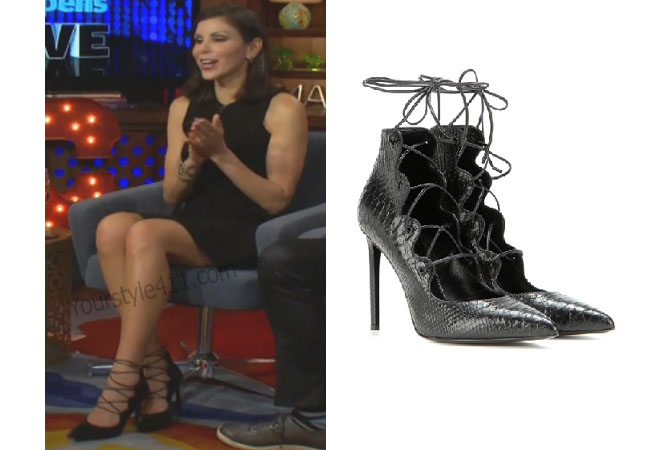 Real Housewives of Orange County, RHOC, Heather Dubrow, black tie heels, black sandals,embossed leather sandals, saint laurent tie sandals, #RHOC, #RealHousewivesOrangeCounty, worn on tv, tv fashion, clothes from tv shows, Real Housewives of Orange County outfits, bravo, reality tv clothes