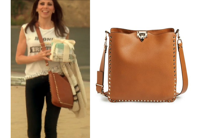 Real Housewives of Orange County, RHOC, Heather Dubrow, brown crossbody bag, brown studded purse, brown studded cross-body, #RHOC, #RealHousewivesOrangeCounty, worn on tv, tv fashion, clothes from tv shows, Real Housewives of Orange County outfits, bravo, reality tv clothes