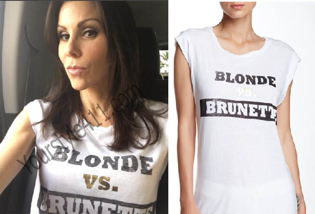Real Housewives of Orange County, RHOC, Heather Dubrow, blondes vs. brunettes t-shirt, #RHOC, #RealHousewivesOrangeCounty, worn on tv, tv fashion, clothes from tv shows, Real Housewives of Orange County outfits, bravo, reality tv clothes