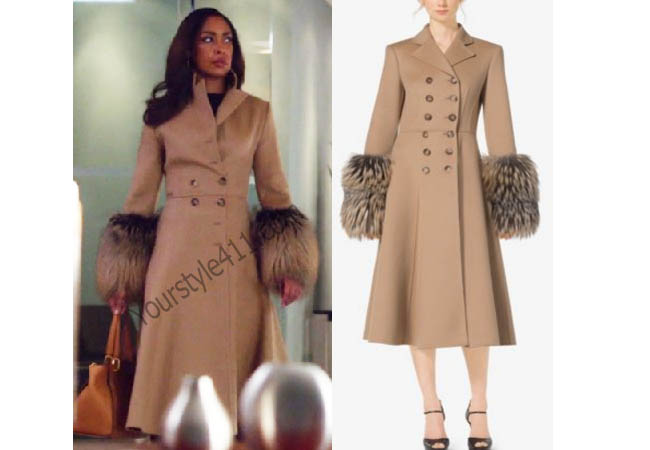 Suits, #Suits, Jessica Pearson, Gina Torres, Camel Coat, Fawn, Coat with Fur Cuff, Coat With Fur Sleeves, worn on tv, tv fashion, clothes from tv shows, Suits outfits, bravo, reality tv clothes, usanetwork