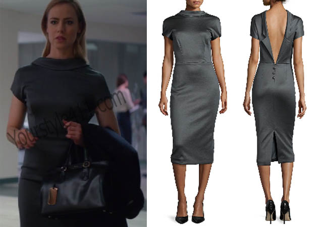 Suits, #Suits, Katherine, Catherine, grey dress, sheath dress, shiny grey dress, worn on tv, tv fashion, clothes from tv shows, Suits outfits, Suits fashion, bravo, reality tv clothes, usanetwork