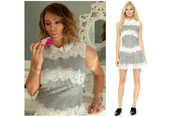 Real Housewives of Orange County, RHOC, Kelly Dodd, grey and white dress, grey and white lace dress, Kelli, #RHOC, #RealHousewivesOrangeCounty, worn on tv, tv fashion, clothes from tv shows, Real Housewives of Orange County outfits, bravo, reality tv clothes