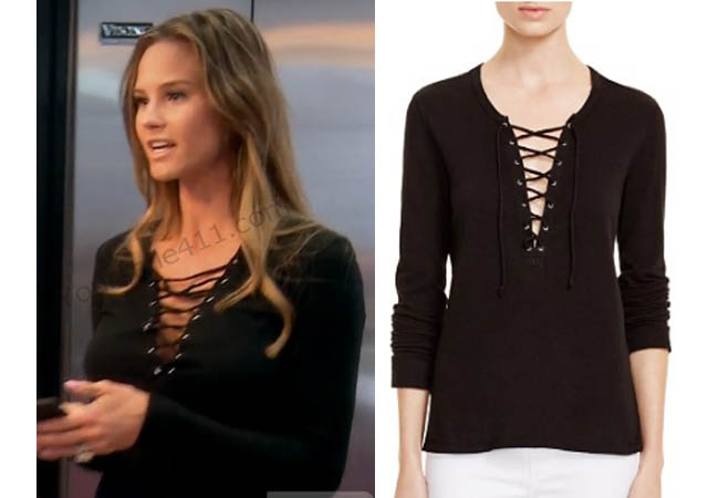 Real Housewives of Orange County, RHOC, Meghan Edmonds, Megan Edmonds, black lace-up top, black top, #RHOC, #RealHousewivesOrangeCounty, worn on tv, tv fashion, clothes from tv shows, Real Housewives of Orange County outfits, bravo, reality tv clothes