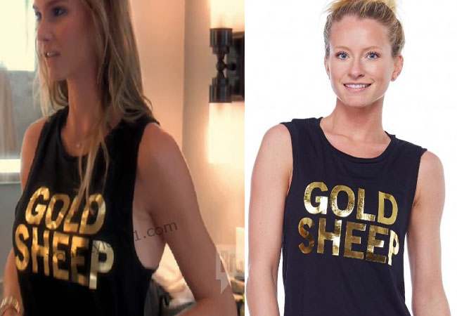 Real Housewives of Orange County, RHOC, Meghan Edmonds, Megan Edmonds, black tank top, gold sheep tank top, #RHOC, #RealHousewivesOrangeCounty, worn on tv, tv fashion, clothes from tv shows, Real Housewives of Orange County outfits, bravo, reality tv clothes