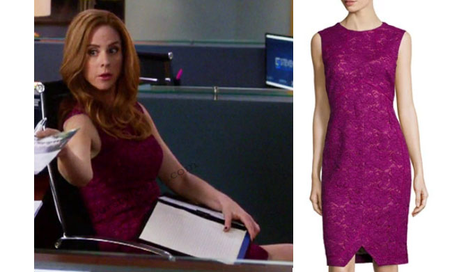 Suits, worn on tv, tv fashion, clothes from tv shows, Suits outfits, Suits fashion, usa network, law firm clothes, Donna Paulson, Sarah Rafferty, magenta dress, berry dress, lace dress, sleeveless burgundy dress, #suits