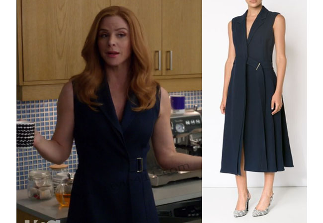Suits, worn on tv, tv fashion, clothes from tv shows, Suits outfits, Suits fashion, usa network, law firm clothes, Donna Pearson, Sarah Rafferty, navy dress
