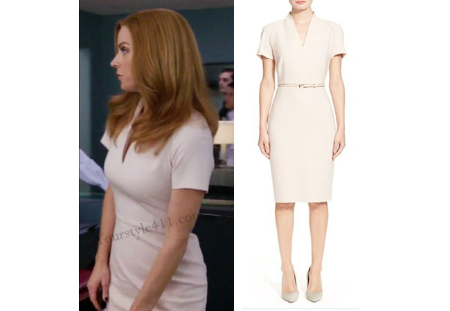 Suits, worn on tv, tv fashion, clothes from tv shows, Suits outfits, Suits fashion, usa network, law firm clothes, Donna Paulson, light pink dress, pink sheath dress, pink v-neck dress, Sarah Rafferty, #suits