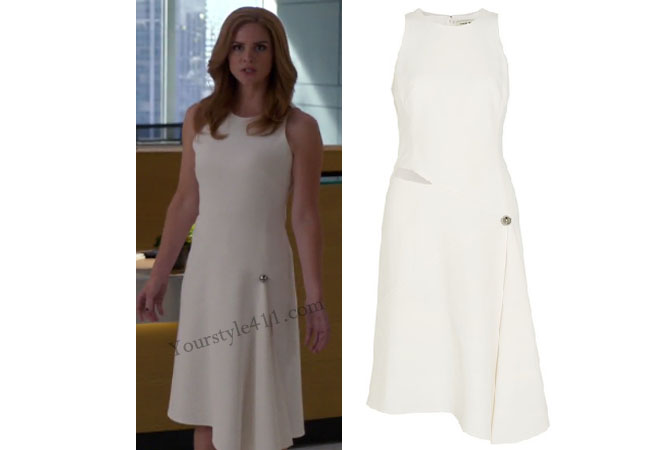 Suits, worn on tv, tv fashion, clothes from tv shows, Suits outfits, Suits fashion, usa network, law firm clothes, Donna Paulson, white dress, white asymmetric dress, Sarah Rafferty, season 6, Suits style, work outfits, work fashion, work style, #Suits