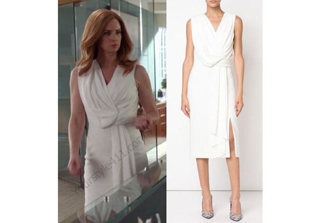Suits, worn on tv, tv fashion, clothes from tv shows, Suits outfits, Suits fashion, usa network, law firm clothes, Sarah Rafferty, Donna Paulson, white dress