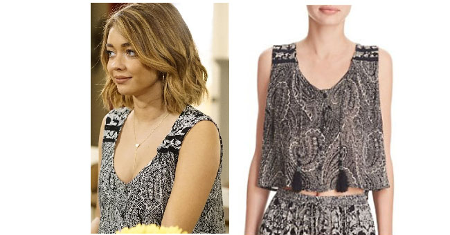 Modern Family, worn on tv, shop your tv, steal her style, the take, tv fashion, clothes from tv shows, Modern Family outfits, Modern Family fashion, Season 8, ABC shows, abc. Haley Dunphy, Sarah Hyland, black and white tank, paisley button up tank top