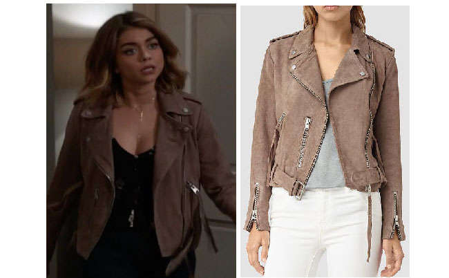 Modern Family, worn on tv, shop your tv, steal her style, the take, tv fashion, clothes from tv shows, Modern Family outfits, Modern Family fashion, Season 8, ABC shows, abc.go.com, Sarah Hyland, Haley Dunphy, biker jacket, brown jacket, beige jacket, All Saints jacket