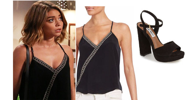 Modern Family, worn on tv, shop your tv, steal her style, the take, tv fashion, clothes from tv shows, Modern Family outfits, Modern Family fashion, Season 8, ABC shows, abc.go.com, Haley Dunphy, Sarah Hyland, black tank top, black camisole, black silver tank, black sandals, black purse