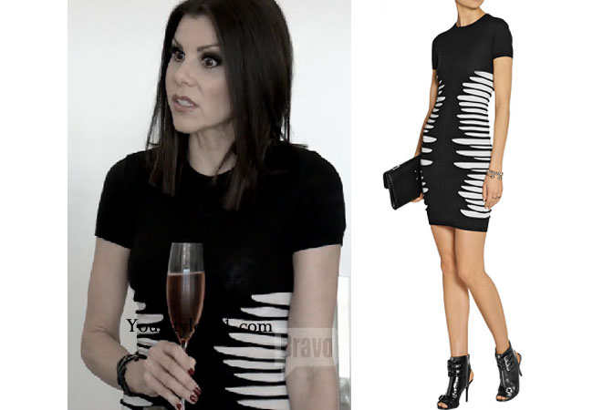 Real Housewives of Orange County, RHOC, Heather Dubrow, Heather Dubrow style, Heather Dubrow fashion, #heatherdubrow, black and white dress, slash dress, Alexander McQueen, McQ, shop your tv, the take, bravotv.com, #RHOC, Heather Dubrow outfit, #RealHousewivesOrangeCounty, worn on tv, tv fashion, clothes from tv shows, Real Housewives of Orange County outfits, bravo, Season 11, reality tv clothes