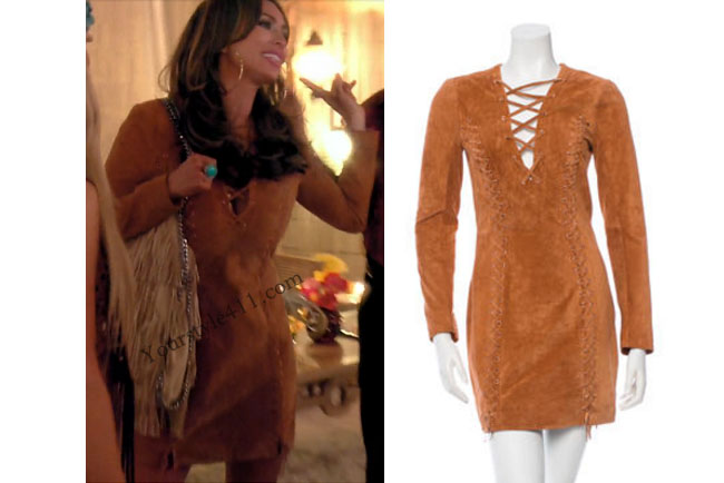 Real Housewives of Orange County, RHOC, Kelly Dodd, Kelly Dodd style, Kelly Dodd fashion, #kellydodd, brown dress, brown suede dress, brown tie dress, #RHOC, Kelly Dodd outfit, #RealHousewivesOrangeCounty, worn on tv, tv fashion, clothes from tv shows, Real Housewives of Orange County outfits, bravo, Season 11, reality tv clothes