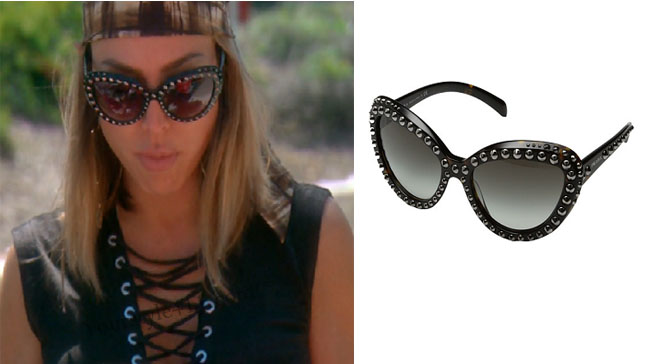 Real Housewives of Orange County, RHOC, Kelly Dodd, Kelly Dodd style, Kelly Dodd fashion, #kellydodd,  #RHOC, Kelly Dodd outfit, studded sunglasses, cat eye sunglasses, prada studded sunglasses, black sunglasses, bravotv.com, #RealHousewivesOrangeCounty, worn on tv, tv fashion, clothes from tv shows, Real Housewives of Orange County outfits, bravo, Season 11, reality tv clothes