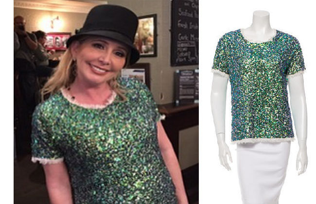 Real Housewives of Orange County, RHOC, Shannon Beador, Shannon Beador style, Shannon Beador fashion, #shannonbeador, green top, green sequins top, green short sleeve top, shop your tv, the take, Shannon Beador wardrobe, #RHOC, Shannon Beador outfit, #RealHousewivesOrangeCounty, worn on tv, tv fashion, clothes from tv shows, Real Housewives of Orange County outfits, bravo, Season 11, reality tv clothes