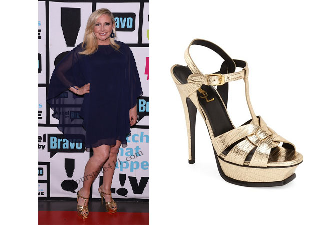 Real Housewives of Orange County, RHOC, Shannon Beador, Shannon Beador style, Shannon Beador fashion, #shannonbeador, gold heels, gold t-strap, saint laurent tribute, gold leather sandals, #RHOC, Shannon Beador outfit, Watch What Happens Live, #WWHL, #RealHousewivesOrangeCounty, worn on tv, tv fashion, clothes from tv shows, Real Housewives of Orange County outfits, bravo, Season 11, reality tv clothes