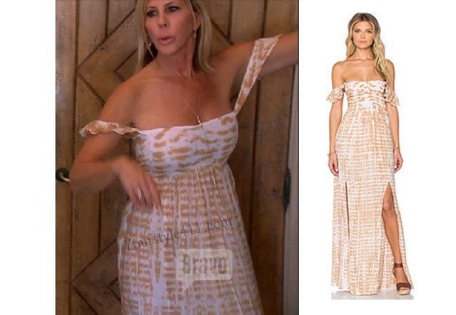 Real Housewives of Orange County, RHOC, Vicki Gunvalson, Vicki Gunvalsen style, Vickie Gunvalson fashion, #vickiegunvalson, #bravo, tie dye maxi dress, off the shoulder dress, tiare hawaii dress, #RHOC, Vicki Gunvalson outfit, #RealHousewivesOrangeCounty, worn on tv, tv fashion, clothes from tv shows, Real Housewives of Orange County outfits, bravo, Season 11, reality tv clothes