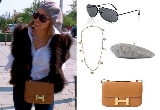 Real Housewives of Orange County, RHOC, Kelly Dodd, Kelly Dodd style, Kelly Dodd fashion, #kellydodd, Porsche sunglasses, hermes bag, hermes purse, Chanel necklace, grey beret, grey beanie, thetake, #RHOC, Kelly Dodd outfit, shop your tv, the take, bravotv.com, #RealHousewivesOrangeCounty, worn on tv, tv fashion, clothes from tv shows, Real Housewives of Orange County outfits, bravo, Season 11, reality tv clothes