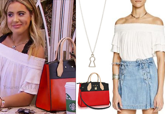 Brielle Biermann, Don't Be Tardy, DBT, Don't Be Tardy fashion, Don't Be Tardy style, #dontbetardy, #goals,  steal her style, shop your tv, the take, Brielle Biermann fashion, white off the shoulder top, free people top, louis vuitton red bag, white top, keyhole necklace, Brielle Biermann wardrobe,  bravotv.com, Season 5, worn on tv, tv fashion, clothes from tv shows, Don’t Be Tardy outfits, bravo, reality tv clothes