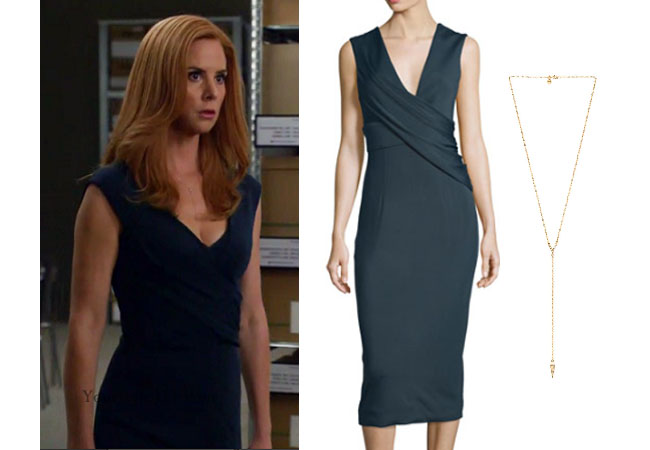 Suits, steal her style, shop your tv, the take, Suits wardrobe, Donna Paulsen outfits, Donna Paulsen wardrobe, Donna Paulsen fashion, Donna Paulsen fashion, Sarah Rafferty, Suits fashion, Suits dresses, worn on tv, tv fashion, clothes from tv shows, Suits outfits, usa network, law firm clothes, office dress, office work clothes, season 6, Suits style, work outfits, work fashion, work style, #Suits, blue cushnie dress, blue sleeveless dress, Y necklace, gold necklace