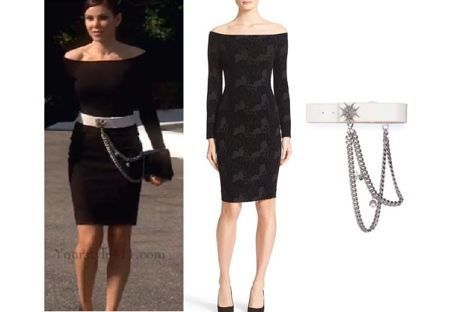 Real Housewives of Orange County, RHOC, Heather Dubrow, Heather Dubrow style, Heather Dubrow fashion, #heatherdubrow, black off the shoulder dress, white belt, alexander mcqueen belt, black tight dress, shop your tv, the take, #RHOC, Heather Dubrow outfit, #RealHousewivesOrangeCounty, worn on tv, tv fashion, clothes from tv shows, Real Housewives of Orange County outfits, bravo, Season 11, reality tv clothes
