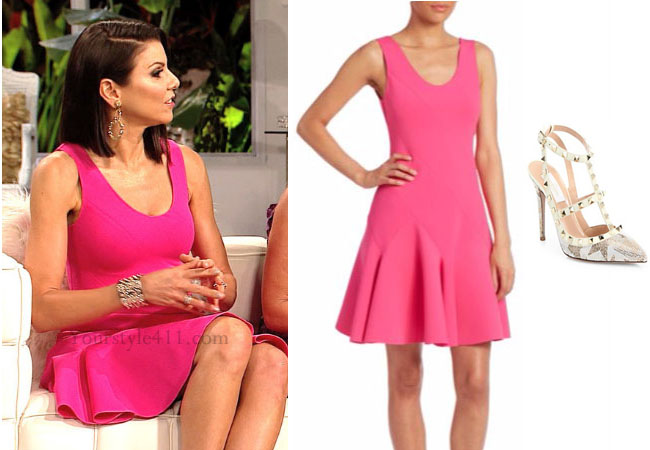 Real Housewives of Orange County, RHOC, Heather Dubrow, Heather Dubrow style, Heather Dubrow fashion, #heatherdubrow, pink dress, pink A-line dress, pink fit and flare dress, Derek Lam dress, valentino rockstud heels, valentino leather slingbacks, Reunion, #RHOC, Heather Dubrow outfit, #RealHousewivesOrangeCounty, worn on tv, tv fashion, clothes from tv shows, Real Housewives of Orange County outfits, bravo, Season 11, reality tv clothes