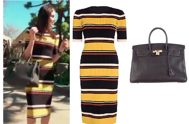 Real Housewives of Orange County Reunion, Real Housewives of Orange County, RHOC, Heather Dubrow, Heather Dubrow style, Heather Dubrow fashion, #heatherdubrow, yellow striped dress, intermixonline striped dress, birken bag, hermes bag, black hermes bag, black kelly bag, steal her style, the take, #RHOC, Heather Dubrow outfit, #RealHousewivesOrangeCounty, worn on tv, tv fashion, clothes from tv shows, Real Housewives of Orange County outfits, bravo, Season 11, reality tv clothes