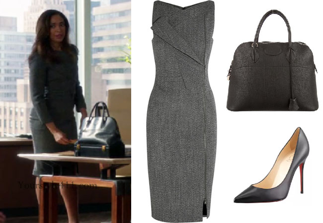 Suits, steal her style, shop your tv, the take, Suits wardrobe, Jessica Pearson outfits, Jessica Pearson wardrobe, Jessica Pearson fashion, Suits fashion, Suits dresses, worn on tv, tv fashion, clothes from tv shows, Suits outfits, usa network, law firm clothes, office dress, office work clothes, season 6, Suits style, Gina Torres, usanetwork.com, work outfits, work fashion, work style, #Suits, grey work dress, black work bag, antonio berardi
