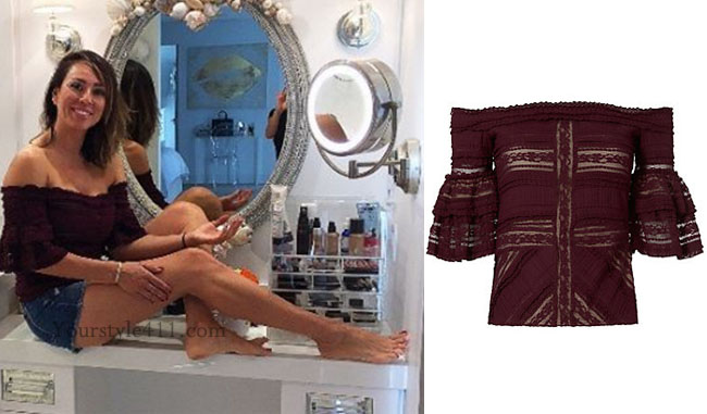 Real Housewives of Orange County, RHOC, Kelly Dodd, Kelly Dodd style, Kelly Dodd fashion, #kellydodd, steal her style, lace top, lace off the shoulder top, maroon top, burgundy top, red top, purple top, cinq a sept top, social media, @rhoc_kellyddodd, #RHOC, Kelly Dodd outfit, shop your tv, the take, bravotv.com, #RealHousewivesOrangeCounty, worn on tv, tv fashion, clothes from tv shows, Real Housewives of Orange County outfits, bravo, Season 11, reality tv clothes