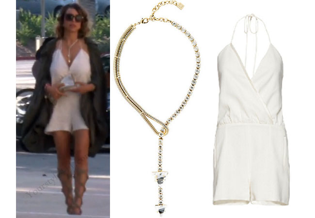 Real Housewives of Orange County, RHOC, Kelly Dodd, Kelly Dodd style, Kelly Dodd fashion, #kellydodd, white romper, lariat necklace, gold necklace, Y necklace, gladiator sandals, #RHOC, Kelly Dodd outfit, shop your tv, the take, bravotv.com, #RealHousewivesOrangeCounty, worn on tv, tv fashion, clothes from tv shows, Real Housewives of Orange County outfits, bravo, Season 11, reality tv clothes