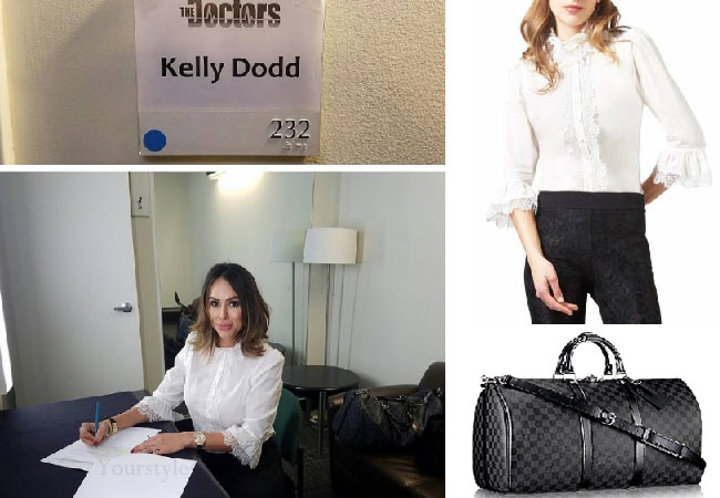 Real Housewives of Orange County, RHOC, Kelly Dodd, Kelly Dodd style, Kelly Dodd fashion, #kellydodd, white blouse, white shirt, white lace top, louis vuitton damier grey, steal her style, #RHOC, Kelly Dodd outfit, shop your tv, the take, bravotv.com, #RealHousewivesOrangeCounty, worn on tv, tv fashion, clothes from tv shows, Real Housewives of Orange County outfits, bravo, Season 11, reality tv clothes