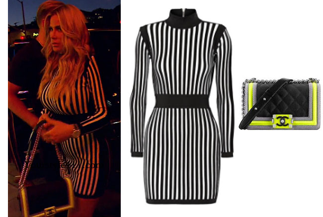 Kim Zolciak Biermann, Don't Be Tardy, Don't Be Tardy fashion, Don't Be Tardy style, Kim Zolciak wardrobe, Brielle Biermann clothes, #dontbetardy, #goals, steal her style, balmain striped dress, black and white striped dress, fluorescent chanel purse, chanel boy bag, bravotv.com, shop your tv, the take, Brielle Biermann outfits, worn on tv, tv fashion, clothes from tv shows, Real Housewives of Orange County outfits, bravo, reality tv clothes