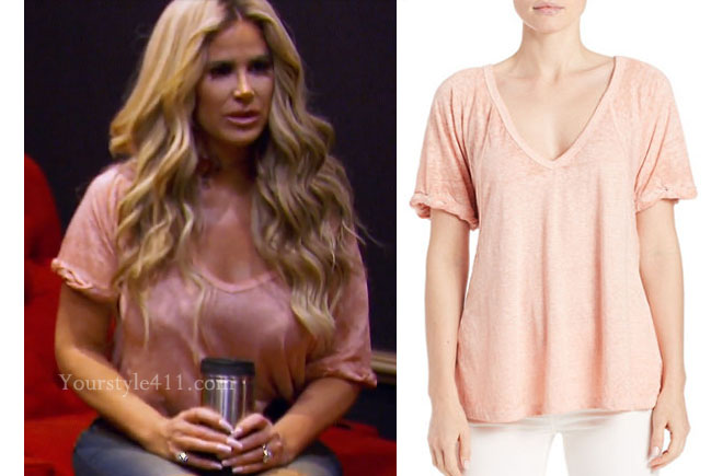 Kim Zolciak Biermann, Don't Be Tardy, Don't Be Tardy fashion, Don't Be Tardy style, Kim Zolciak wardrobe, Brielle Biermann clothes, #dontbetardy, #goals, DBT, steal her style, free people, free fallin tee, peach tee shirt, peach t-shirt, pink t-shirt, bravotv.com, shop your tv, the take, Brielle Biermann outfits, worn on tv, tv fashion, clothes from tv shows, Real Housewives of Orange County outfits, bravo, reality tv clothes